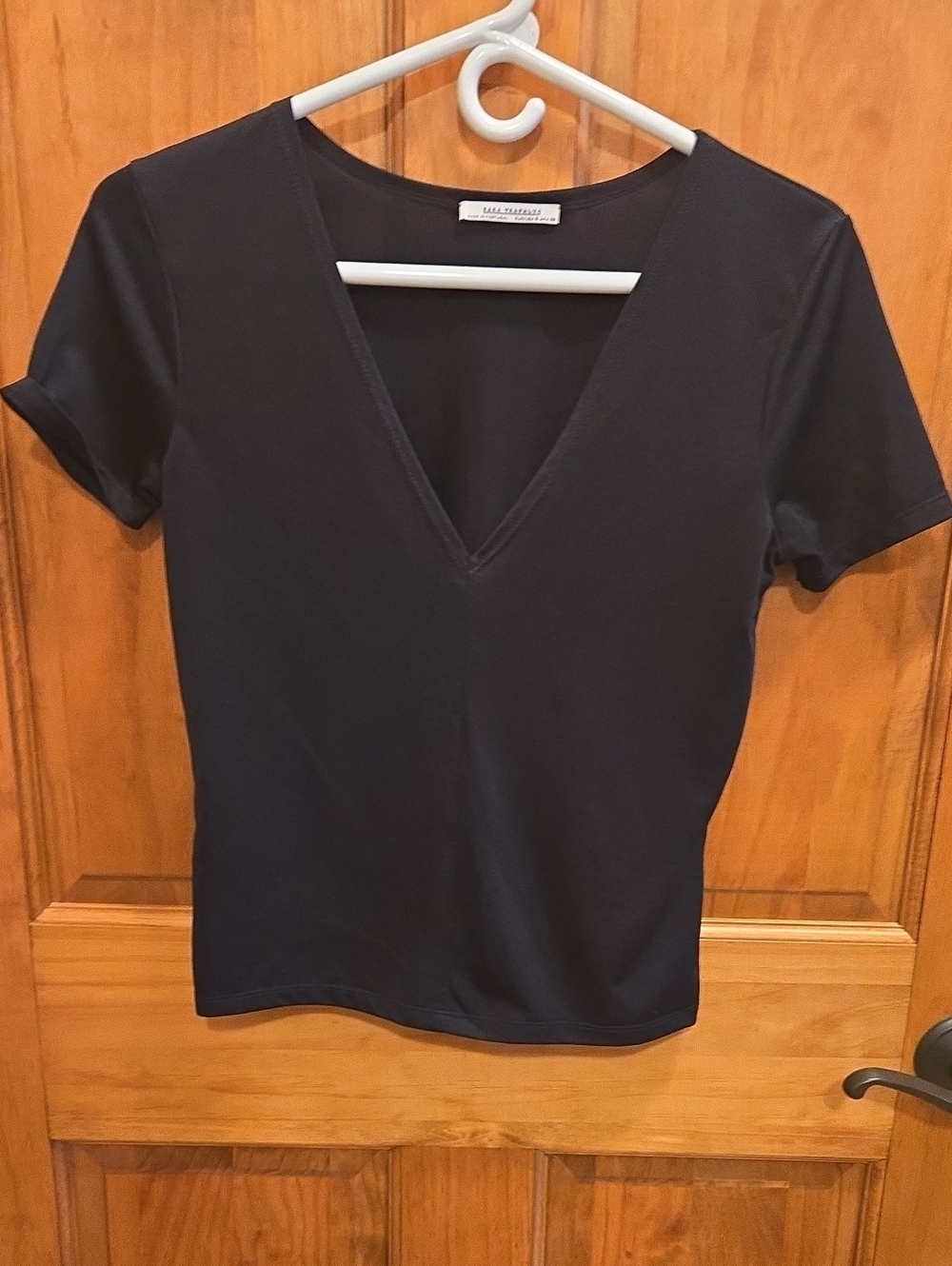 Zara Trafaluc Black Short Sleeve Deep V Tee